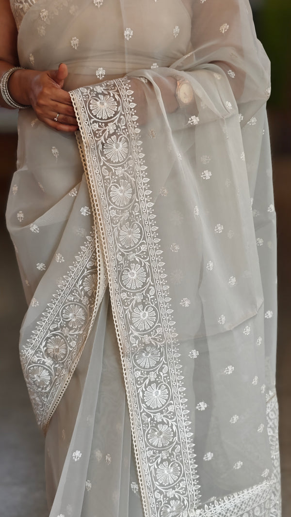 Smoky Grey Organza saree- A214