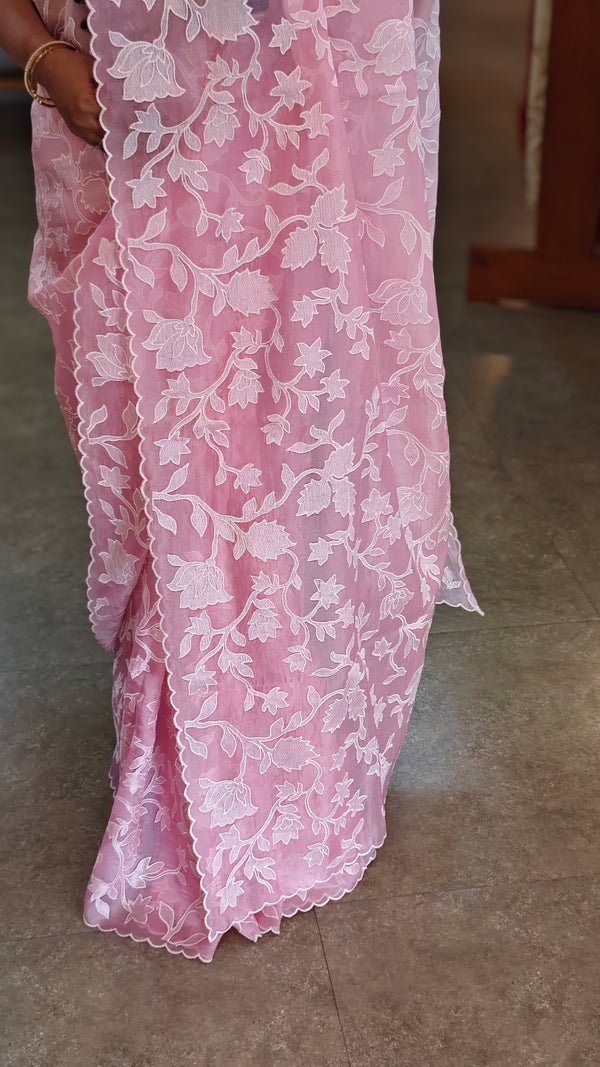 Pastel pink embroidered Organza saree