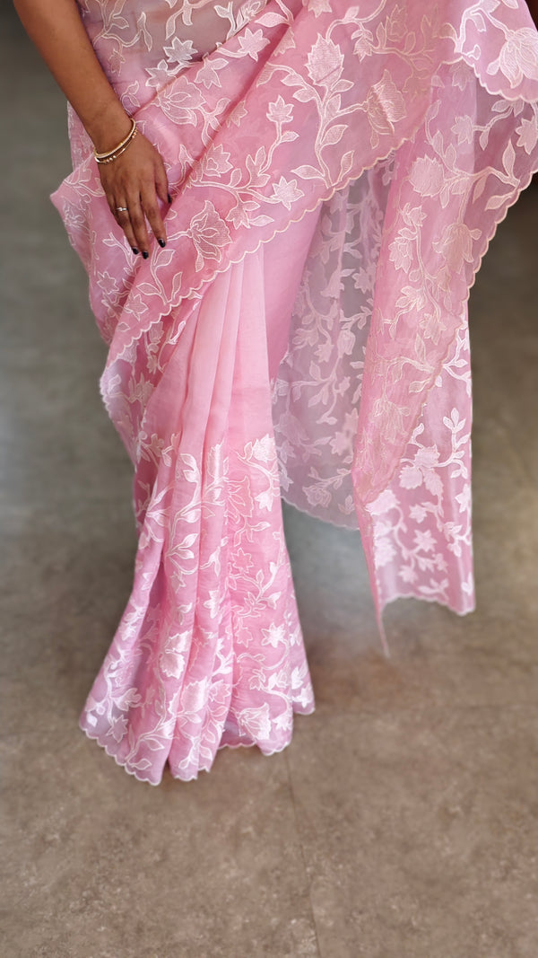 Pastel pink embroidered Organza saree