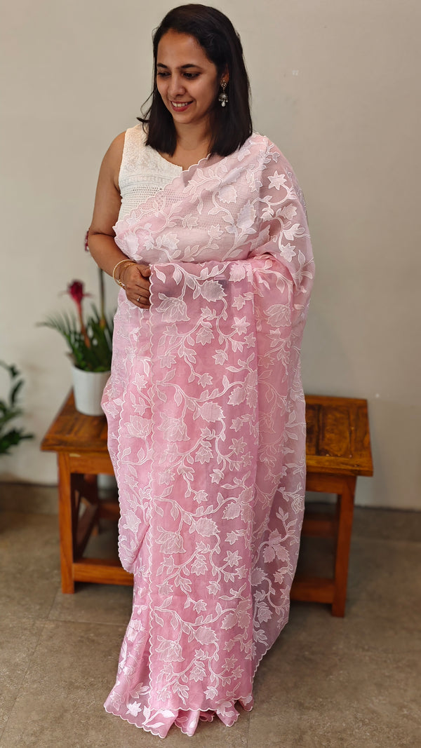 Pastel pink embroidered Organza saree