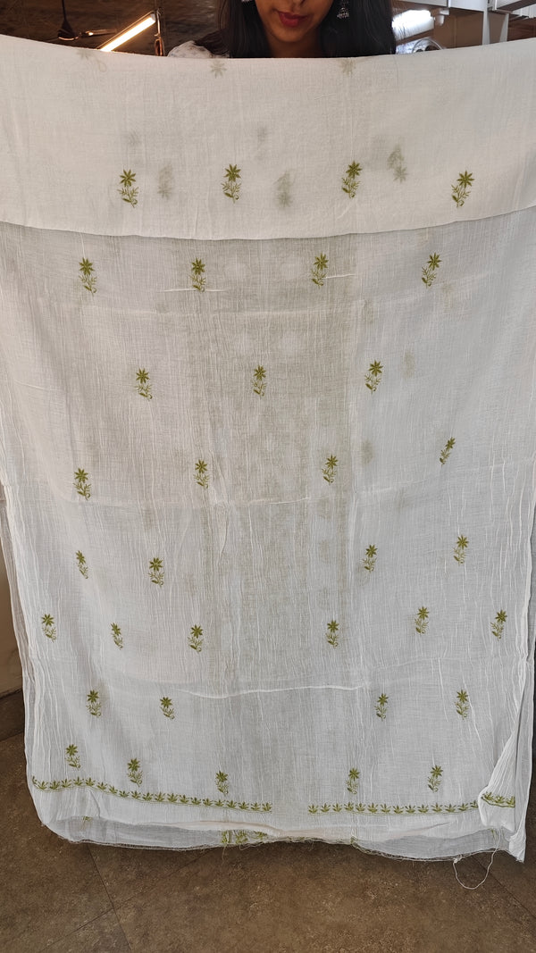 Milky white and Green mal chanderichikankari suit