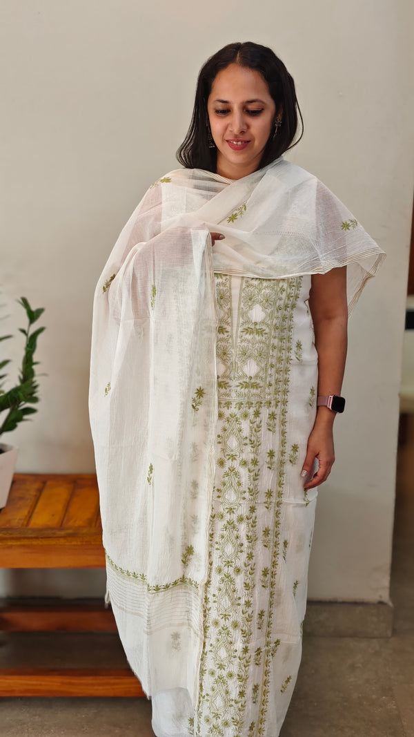 Milky white and Green mal chanderichikankari suit