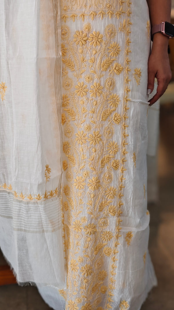 Milky white and yellow Mal chanderi chikankari suit