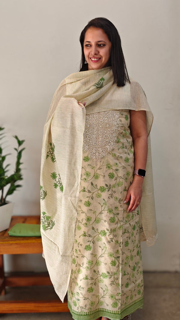 Beige and green chanderi salwar suit