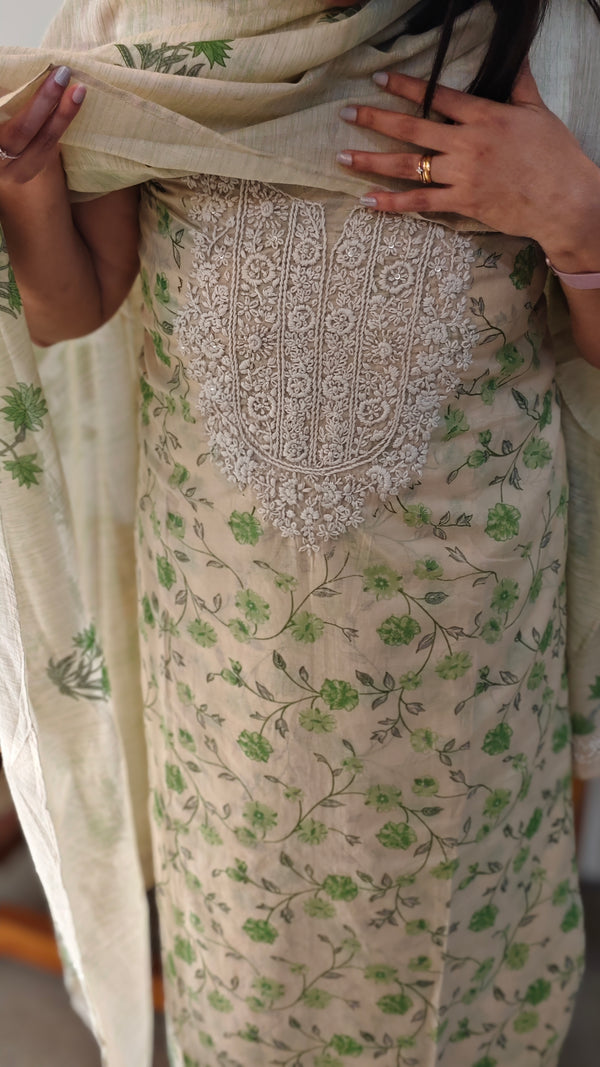 Beige and green chanderi salwar suit