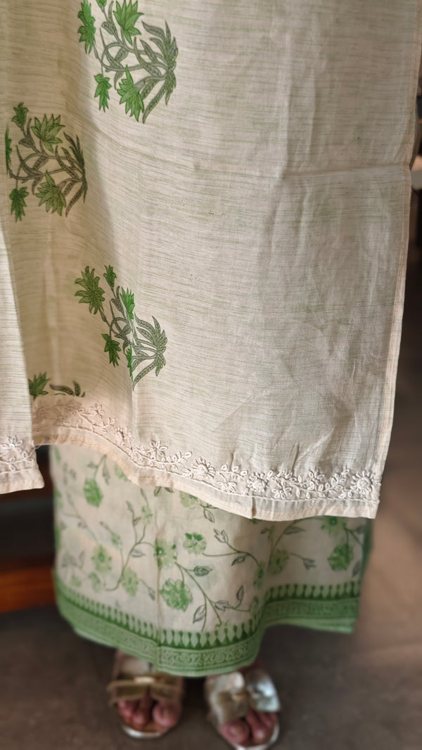 Beige and green chanderi salwar suit