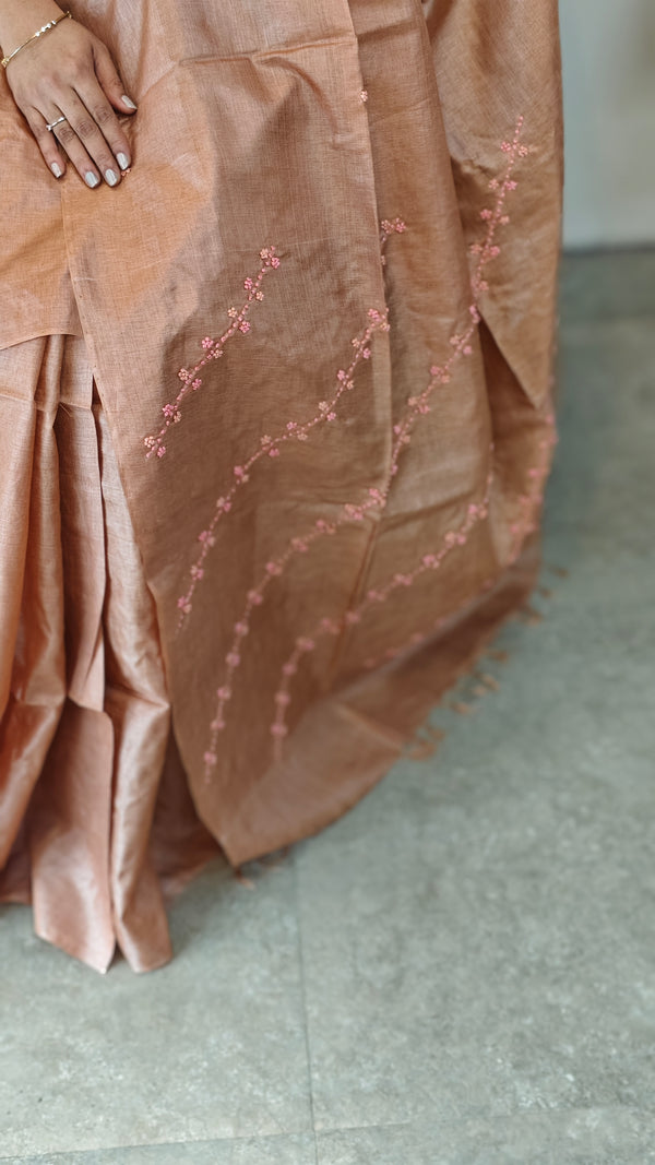 Dusty peach hand embroidered tussar saree