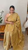Yellowish green embroidered tussar silk saree with kantha work