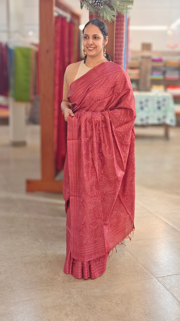 Maroon embroidered tussar silk saree with kantha work