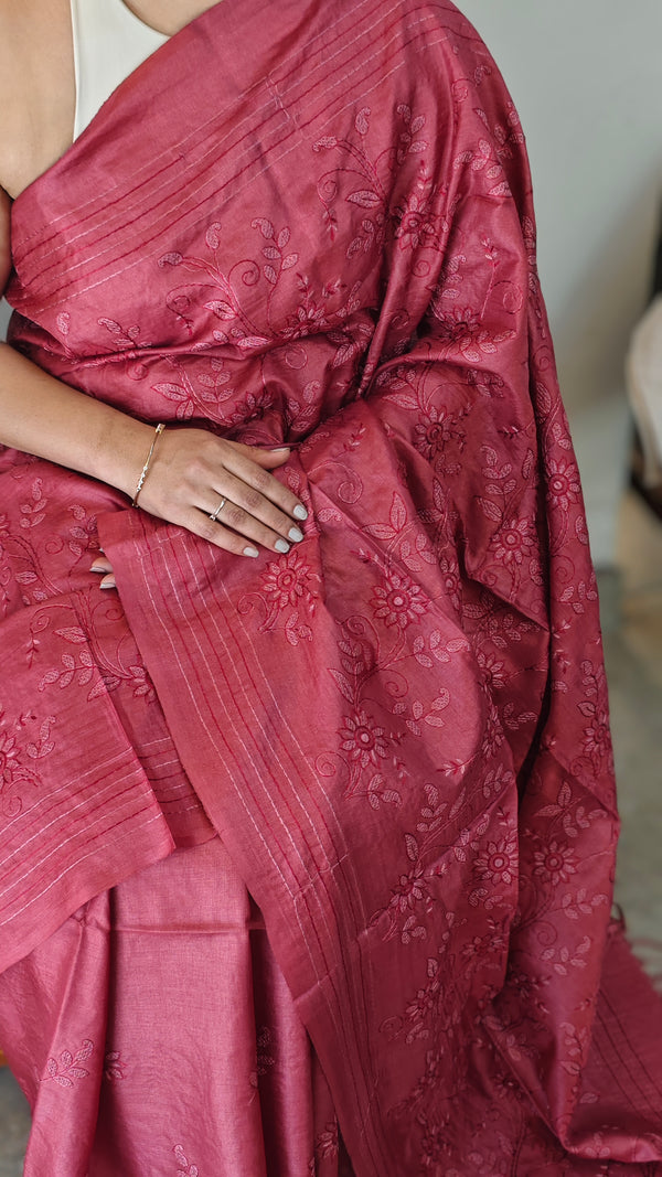 Maroon embroidered tussar silk saree with kantha work