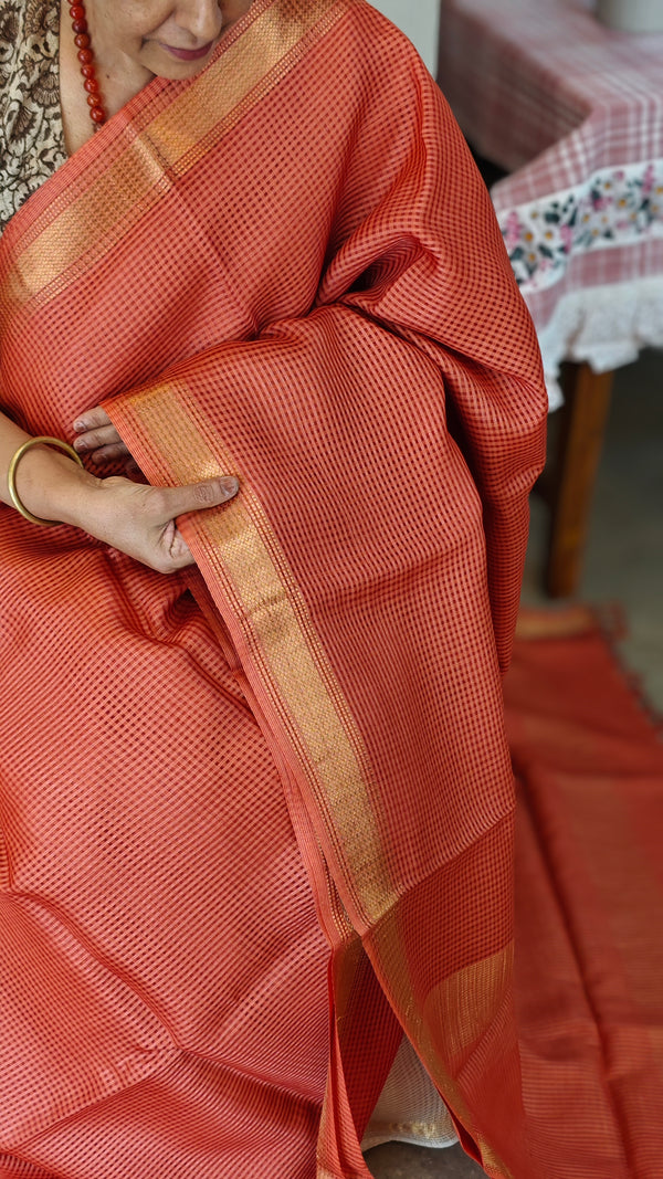 Rust orange checked muga tussar silks saree - CXW12