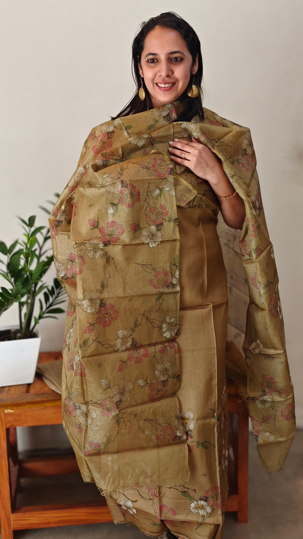 Brown mustard printed tussar silk suit