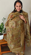 Brown mustard printed tussar silk suit