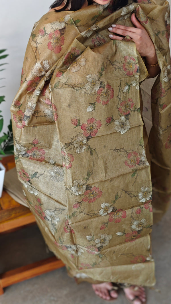 Brown mustard printed tussar silk suit