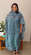 Bluish grey embroidered tussar silk suit
