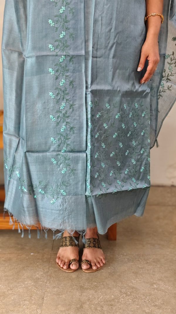 Bluish grey embroidered tussar silk suit