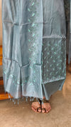 Bluish grey embroidered tussar silk suit