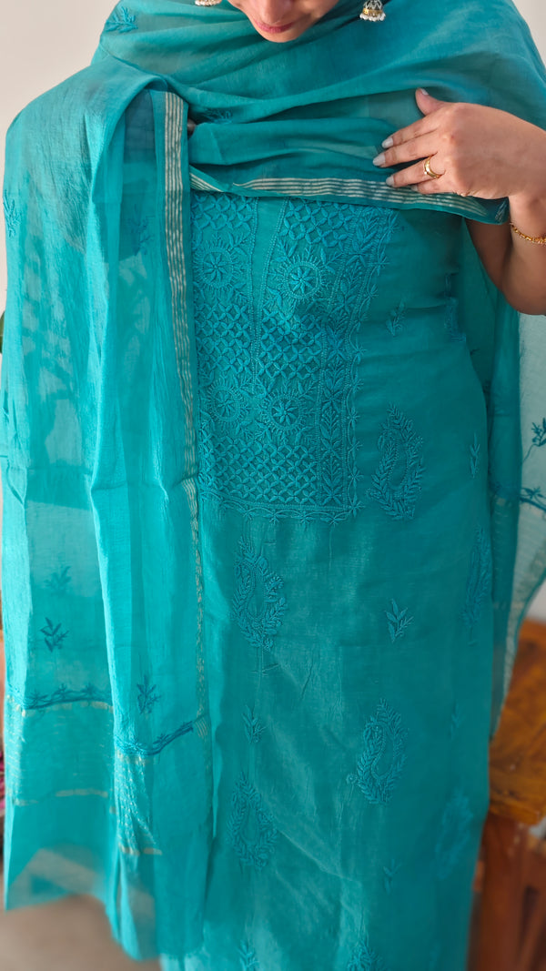 Teal blue mul chanderi chikankari suit - E910