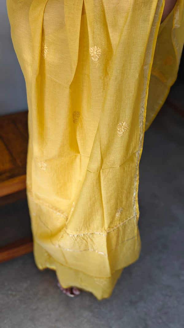 Mustard yellow mul chanderi chikankari suit - E910