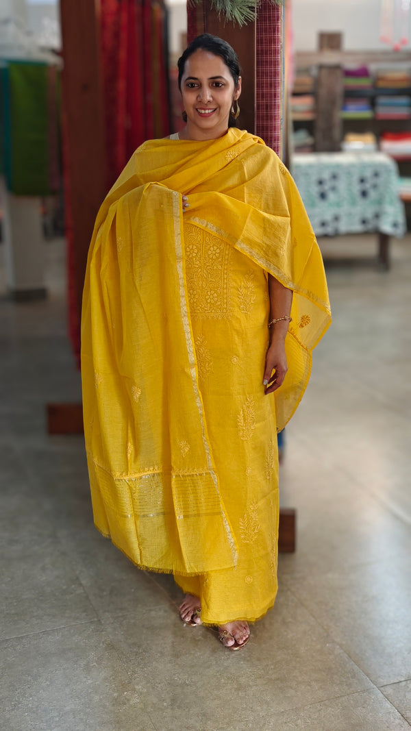 Mustard yellow mul chanderi chikankari suit - E910