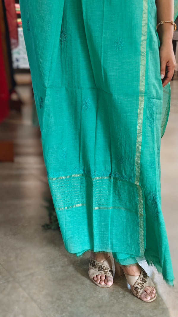 Teal green mul chanderi chikankari suit - E910
