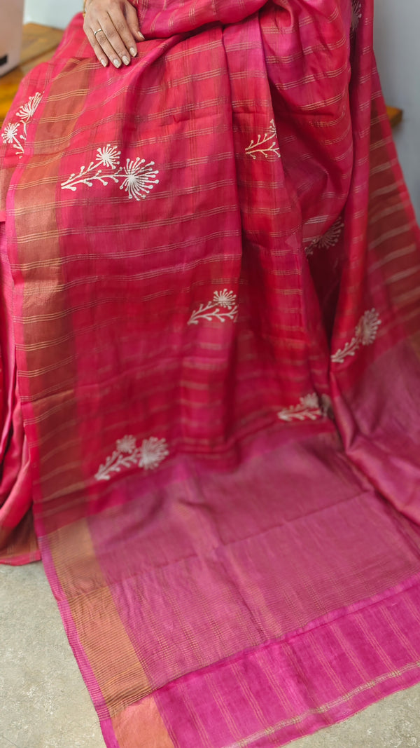 Pink and orange checked tussar silk saree - E332
