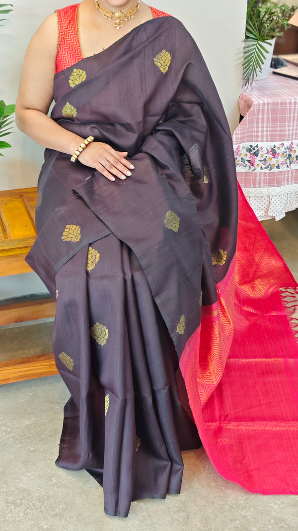 Dark brown and deep pink raw silk saree - SRW6_4
