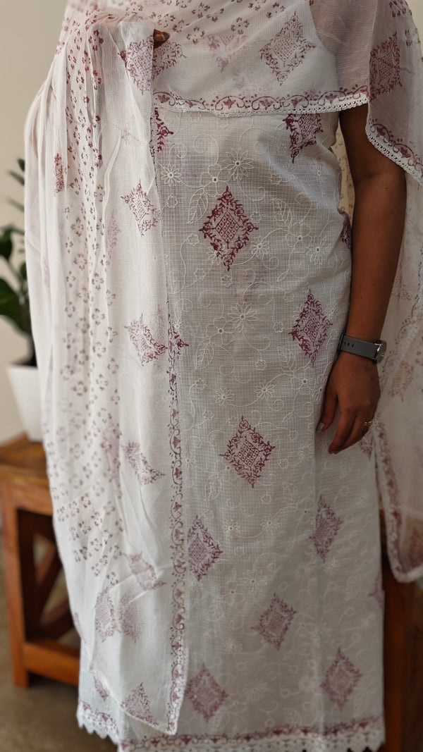 White and red net kota suit with chiffon dupatta
