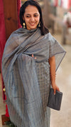 Grey silk cotton suit with hand embroidered yoke