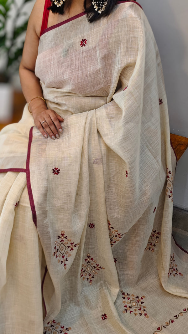 Off white linen tissue saree with hand embroidery 2 - 6QPR