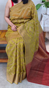 Green mustard and maroon Linen banarasi saree