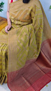 Green mustard and maroon Linen banarasi saree