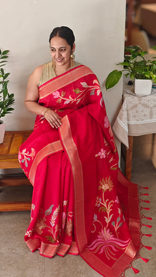 Red jamdani Matka silks saree - CL238