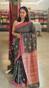 Dark grey and pink blended tussar silk saree