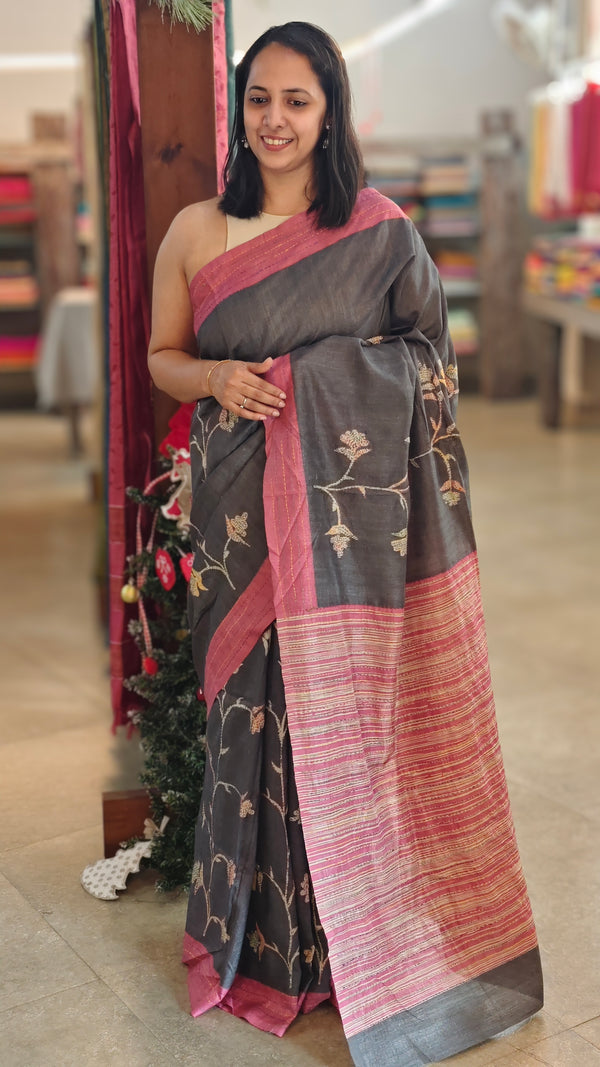 Dark grey and pink blended tussar silk saree