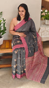 Dark grey and pink blended tussar silk saree