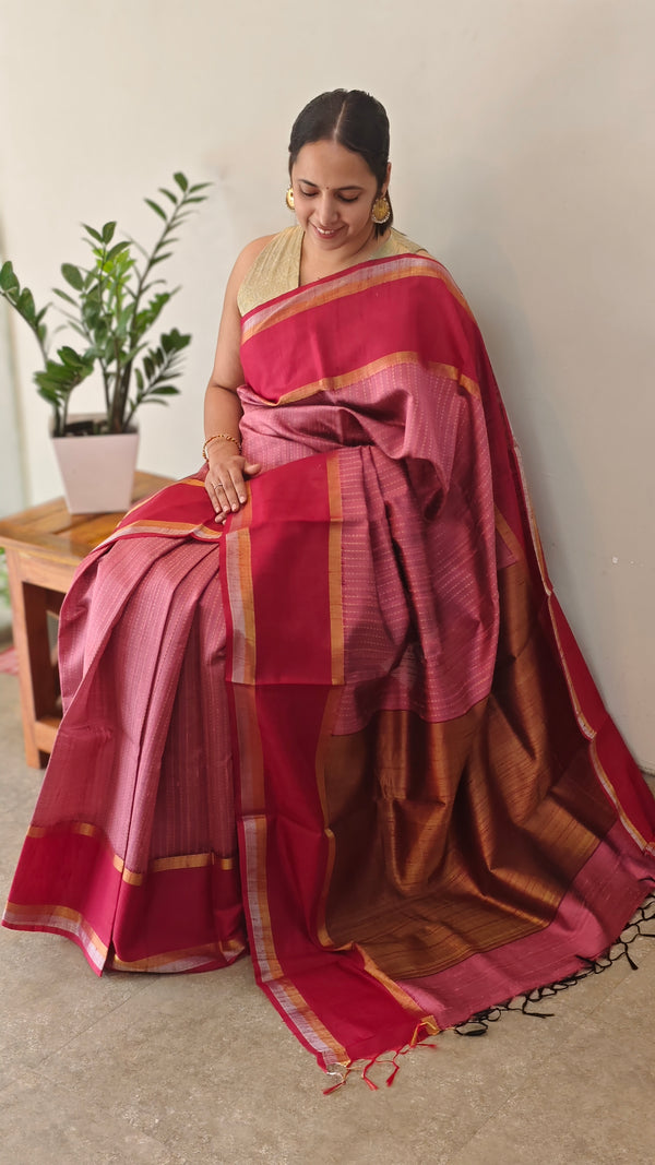 Blush pink raw silk saree with dark pink borders - 83SZ - SRW6_9