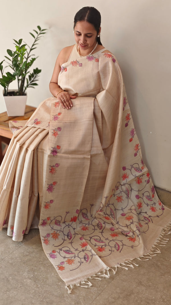 Hand painted desi tussar silk saree - Lilac and orange