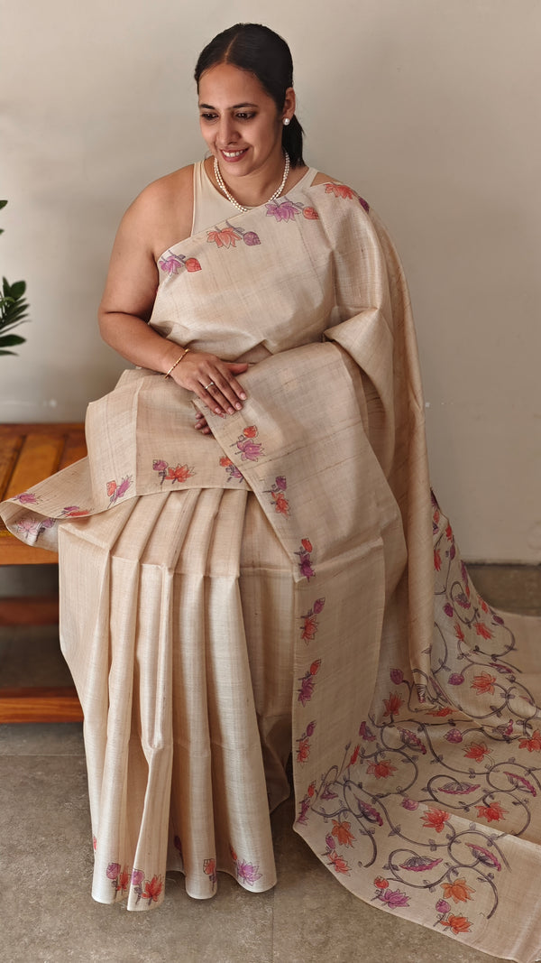 Hand painted desi tussar silk saree - Lilac and orange