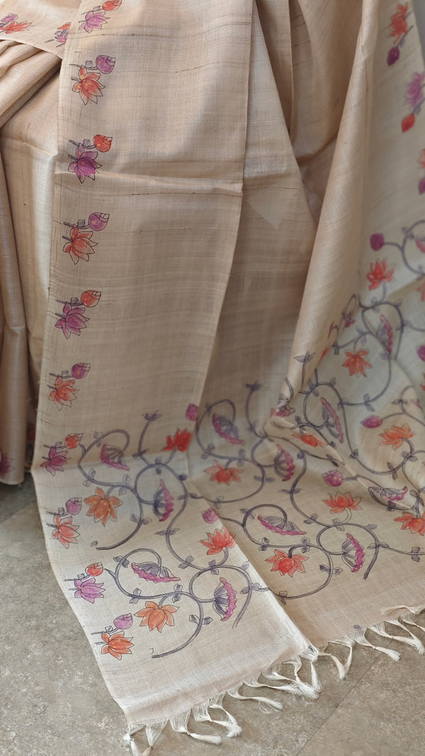 Hand painted desi tussar silk saree - Lilac and orange