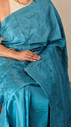 Turquoise lined noil tussar silks saree - LNC08