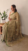 Shaded green hand embroidered linen tissue saree - HND19