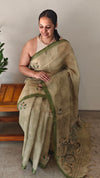 Shaded green hand embroidered linen tissue saree - HND19