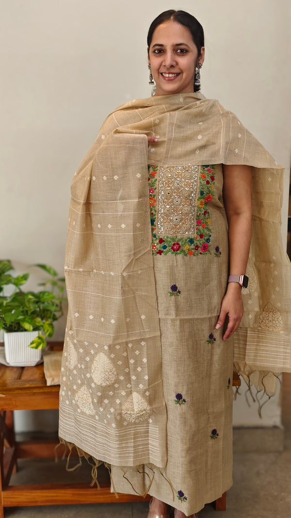 Light beige linen chanderi suit - hand embroidered yoke