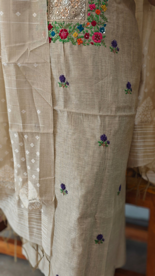 Light beige linen chanderi suit - hand embroidered yoke