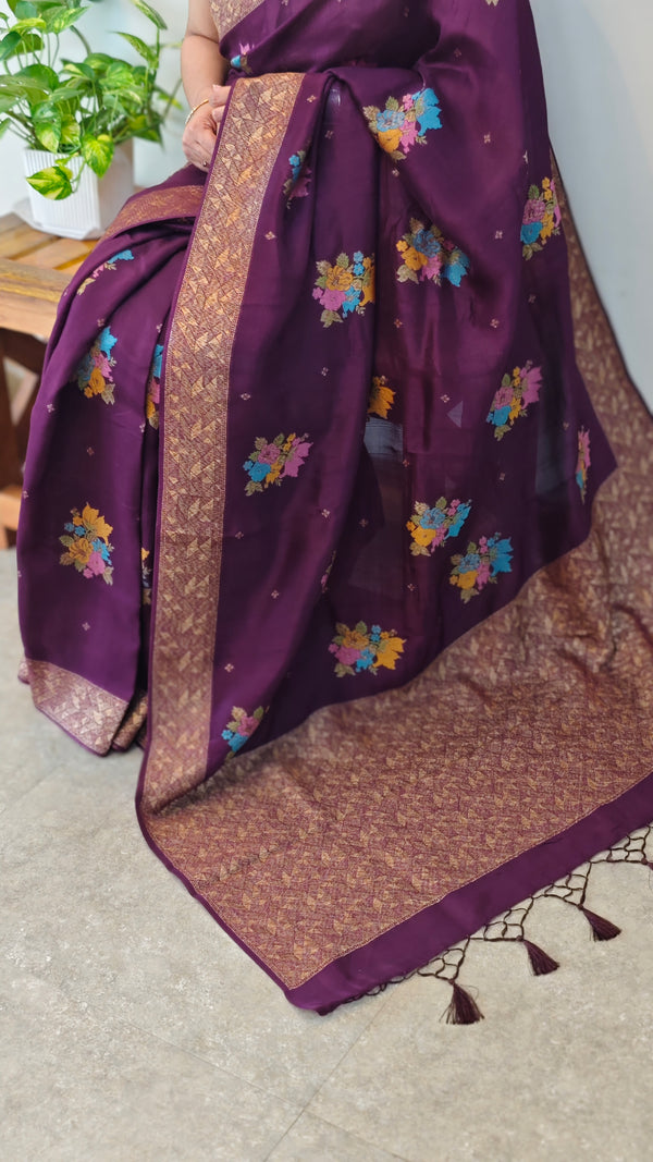 Dark wine banarasi silk saree