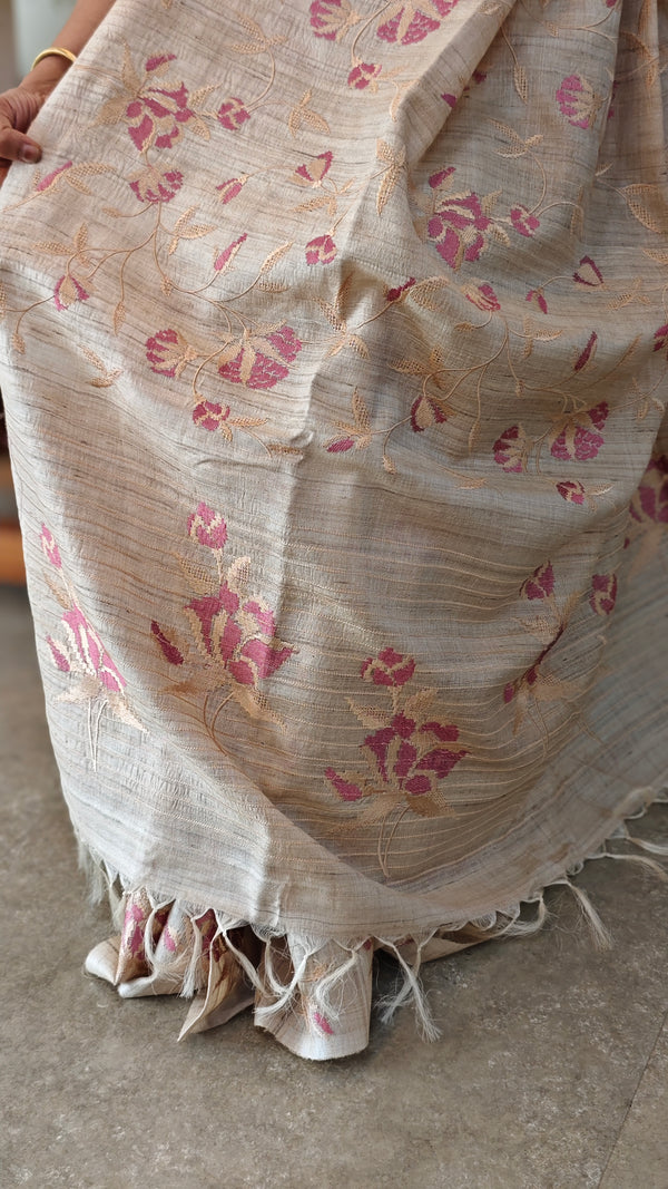 Pure desi tussar silk saree with embroidery - Pink
