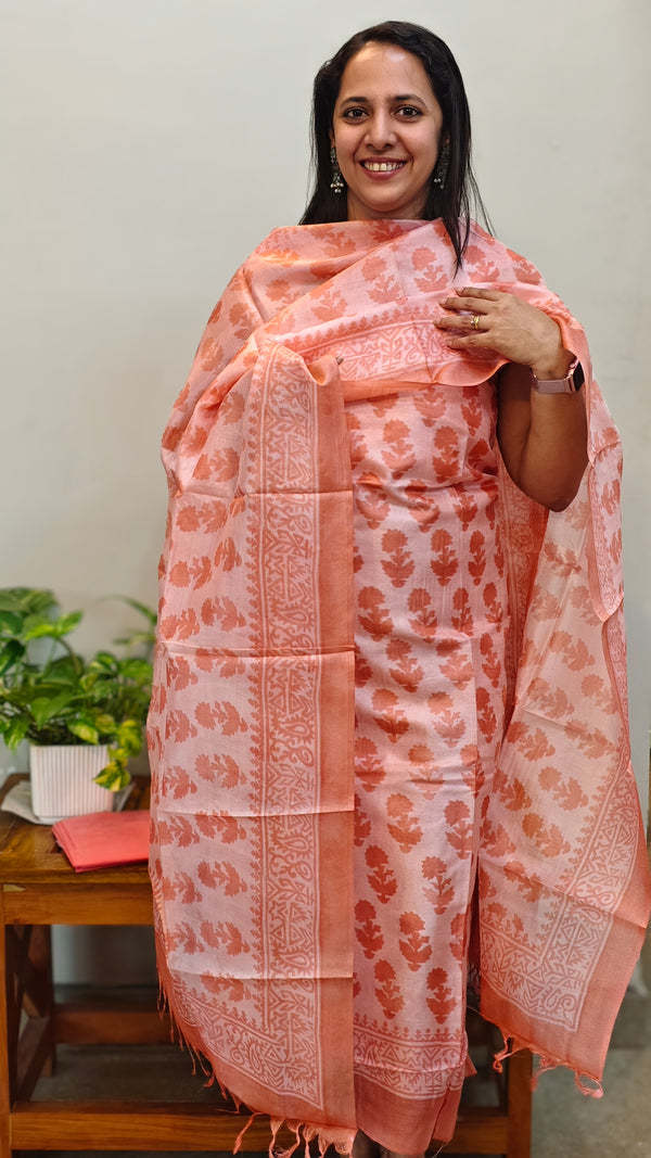 Peach block printed tussar silk suit