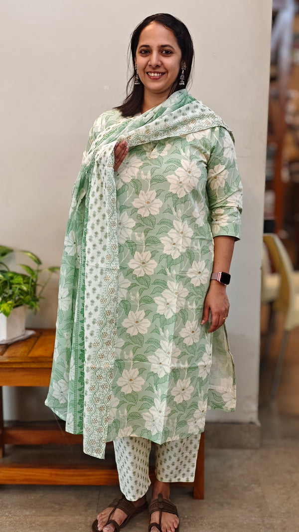 Printed greencotton kurti set