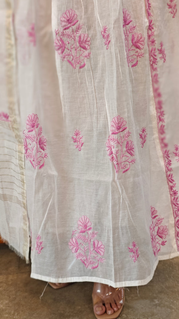 Lilac on off white mul chanderi suit
